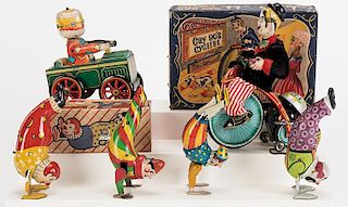 Lot of Six Tin Litho Vintage Circus Toys.