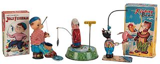 Trio of Fishing-Themed Tin Litho Wind-Up Toys.