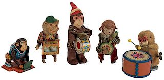 Five Vintage Wind-Up Monkey Plush and Tin Toys.