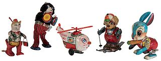Five Vintage Whimsical Tin Litho Wind-Up and Friction Toys.