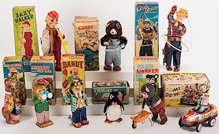 Lot of Nine Vintage Tin Litho Wind-Up Toys in Boxes.