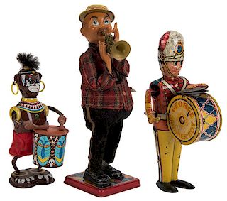 Lot of Three Figural Music-Themed Tin Litho Wind-Up Toys.