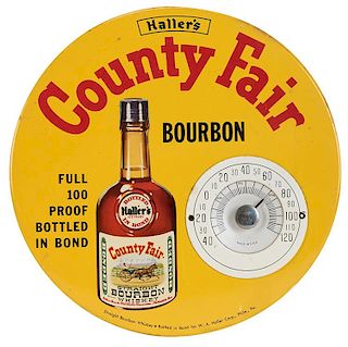 Haller’s County Fair Bourbon Round Celluloid Sign with Thermometer.