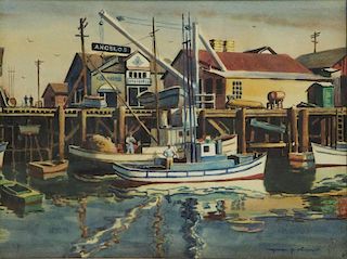 OLIVER, Myron. Watercolor. Harbor Scene.