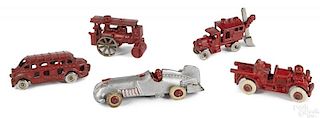 Five Hubley small cast iron vehicles