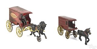 Two Wilkens painted tin horse drawn groceries wago