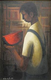 MORALES R., A. Oil on Masonite. Boy with