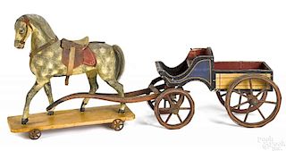 Painted wood horse and wagon pull toy