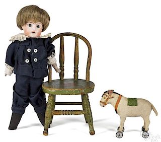 German bisque head boy doll with chair