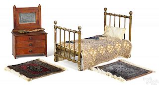 Wood doll bed, dresser and carpets