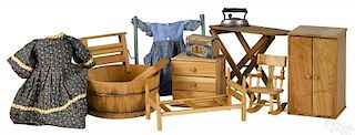 Doll size wood laundry and bedroom furniture