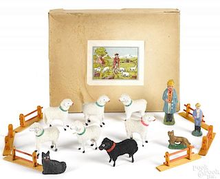 Two boxed play sets of German stick leg sheep