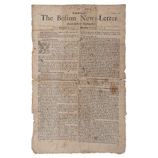 Early Issue of the Extremely Rare, First Continuously Published American Newspaper, The Boston News-Letter, with Pirate's Con