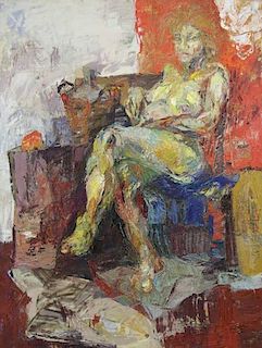 Signed Modernist Oil on Canvas. Seated Nude.