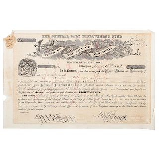 New York Central Park Stock Certificate, 1858