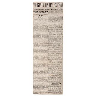 Virginia City, Nevada, Newspaper Broadside Extra Announcing Confederate Surrender