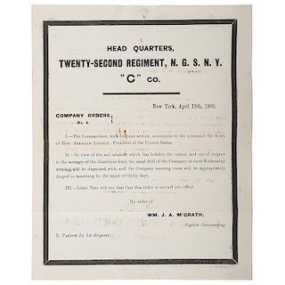 Lincoln Assassination and Funeral Broadsides, 22nd Regiment New York National Guard Company Orders