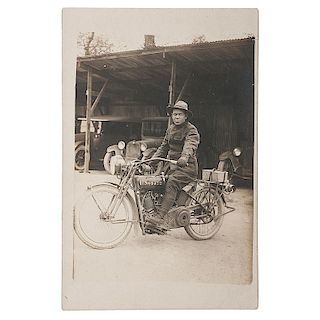 Real Photo Postcard of American Indian Soldier on a Harley-Davidson