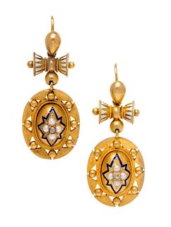A Pair of Etruscan Revival Diamond, Seed Pearl and Polychrome Enamel Earrings, 7.60 dwts.