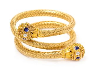 An Etruscan Revival Yellow Gold, Sapphire and Diamond Wrap Bangle Bracelet, Circa 1870, 23.40 dwts.