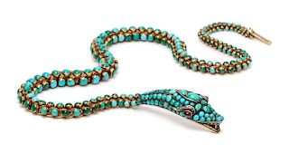 A Victorian Silver Topped Gold, Turquoise, Garnet and Diamond Serpent Necklace, Circa 1840, 32.00 dwts.