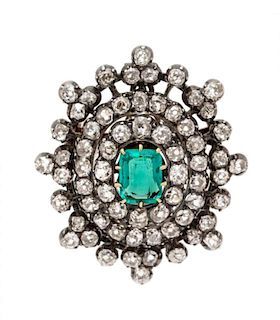 A Victorian Silver Topped Gold, Emerald and Diamond Pendant/Brooch, Circa 1880, 6.30 dwts.