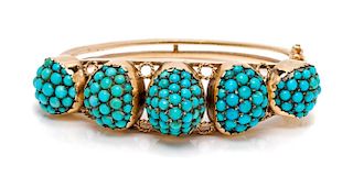 A Yellow Gold and Turquoise Bangle Bracelet, 30.30 dwts.