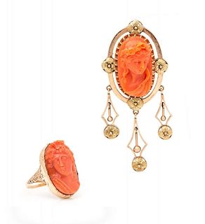 A Collection of Victorian Gold and Coral Cameo Jewelry, 14.90 dwts.