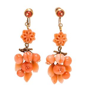 A Pair of Victorian Yellow Gold and Coral Ear Pendants, 6.20 dwts.