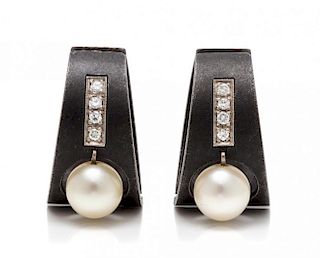 A Pair of Art Moderne Blackened Steel, White Gold, Cultured Pearl and Diamond Earclips, Marsh & Co., 6.10 dwts.