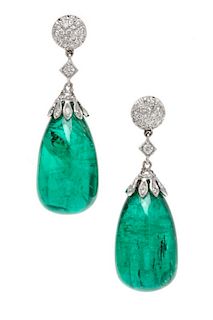 A Pair of White Gold, Emerald and Diamond Drop Earrings, 6.30 dwts.