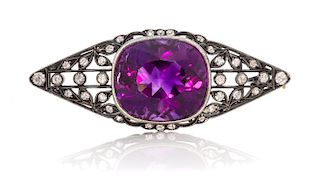 A Silver Topped Gold Amethyst and Diamond Brooch, Russian, 5.70 dwts.