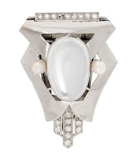 An Art Deco Platinum, White Gold, Moonstone, Diamond and Cultured Pearl Dress Clip, 12.00 dwts.