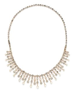 An Edwardian Bicolor Gold, Diamond and Pearl Fringe Convertible Necklace/Bracelet, 25.10 dwts.