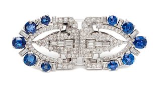 A Pair of Art Deco Platinum, Sapphire and Diamond Dress Clips, 24.80 dwts.