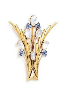 A Yellow Gold, Moonstone and Sapphire Brooch, Tiffany & Co., Circa 1950, 11.50 dwts.