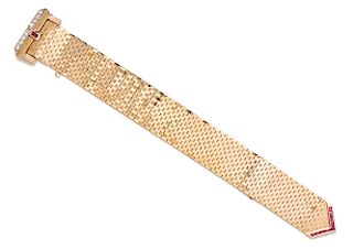 A Retro Yellow Gold, Diamond and Ruby Belt Motif Bracelet, 42.70 dwts.
