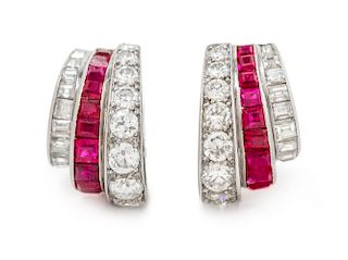 A Pair of Platinum, Ruby and Diamond Hoop Earclips, French, 4.90 dwts.
