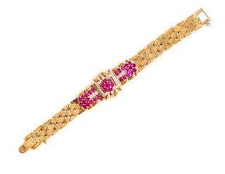 A Retro Bicolor Gold, Ruby and Diamond Surprise Watch, Mathey Tissot, 33.75 dwts.