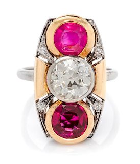 A Platinum, Rose Gold, Diamond, Ruby and Synthetic Ruby Ring, 5.20 dwts.