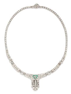 An Art Deco Platinum, Diamond and Emerald Necklace, 29.90 dwts.