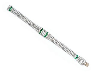 An Art Deco Platinum, Diamond and Emerald Bracelet, Oscar Heyman, 22.10 dwts.