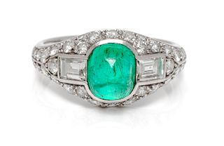 An Art Deco Platinum, Emerald and Diamond Ring, Tiffany & Co. France, 3.20 dwts.