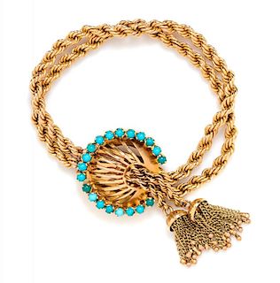 A Yellow Gold and Turquoise Two Strand Woven Bracelet 24.90 dwts.
