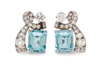 A Pair of Platinum, Aquamarine and Diamond Earclips, 5.00 dwts.