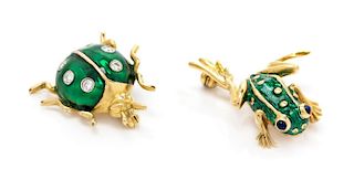 A Collection of 18 Karat Yellow Gold, Enamel, and Gem Brooches, 7.80 dwts.