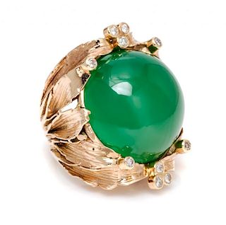 A Yellow Gold, Dyed Green Chalcedony and Diamond Ring, 20.20 dwts.