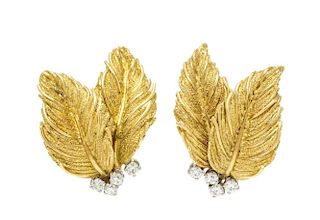 A Pair of Yellow Gold and Diamond Feather Motif Earclips, 8.60 dwts.