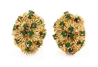 A Pair of Yellow Gold and Nephrite Earclips, 15.75 dwts.