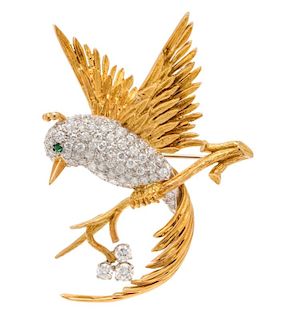 An 18 Karat Yellow Gold, Platinum, Diamond and Emerald Hummingbird Brooch, McTeigue, 11.10 dwts.
